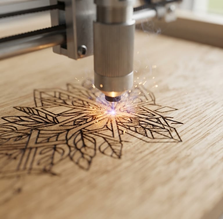 Macro extreme close-up of laser engraving machine carving a detailed pattern into light natural oak wood, warm glowing sparks, soft diffused daylight, clean Scandinavian style