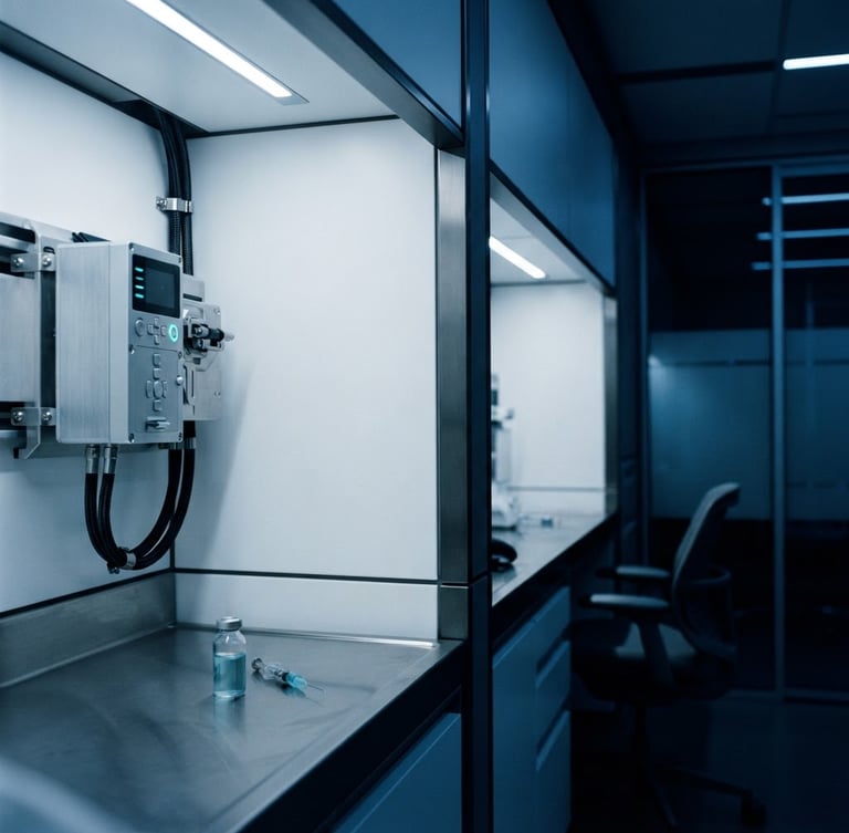 Minimalist editorial photography, cool dark blue studio lighting, sharp contrast, a close-up of a high-end sterile clinical space with clean architectural lines, 35mm