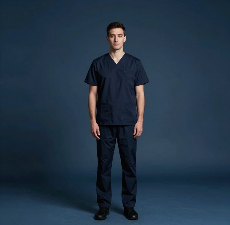 Professional portrait of a male clinical growth partner in sharp minimalist dark attire, cool dark blue studio lighting, clean shadows, high-end clinical aesthetic, 35mm