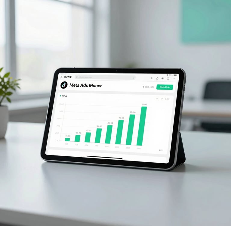 Clean tech photography, bright natural office light, tablet displaying TikTok and Meta Ads manager with green charts, sharp focus.