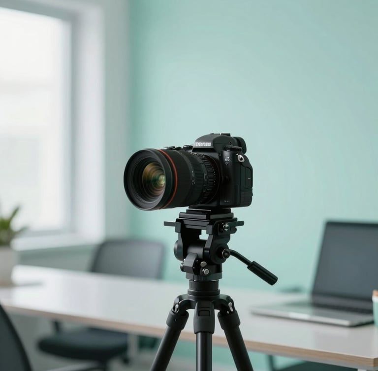 A professional camera setup in a bright studio, content creator workspace, minimalist layout, soft aqua green tones.