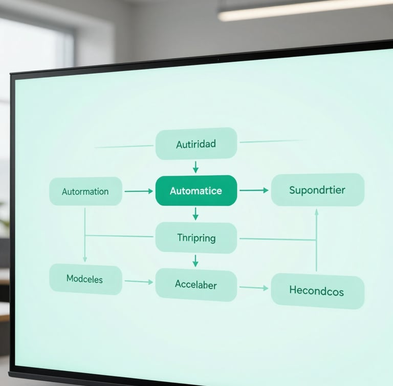 Minimalist diagram of automated workflow on a clean screen, soft aqua green light, high-tech aesthetic.