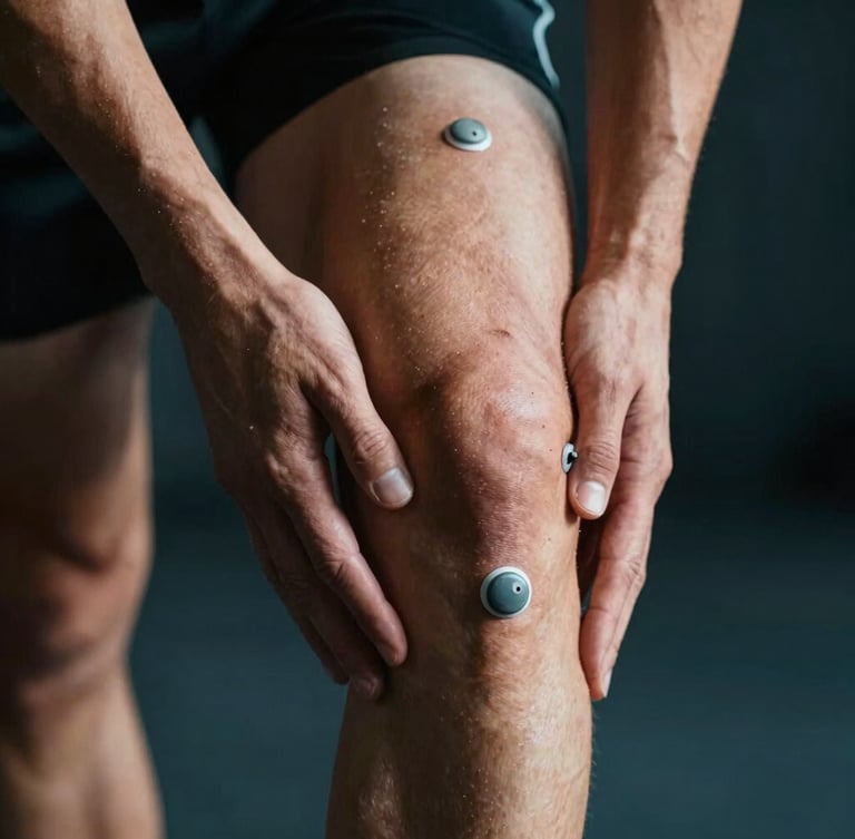 Close-up macro shot of a physical therapist's hands gently guiding a runner's knee joint, biomechanical sensors visible on the skin, dramatic directional lighting, sharp details, 35mm