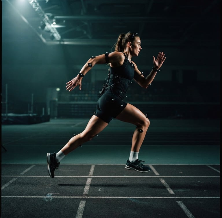 Athlete running on a track with motion capture sensors, dramatic directional lighting, deep shadows, high contrast, 35mm