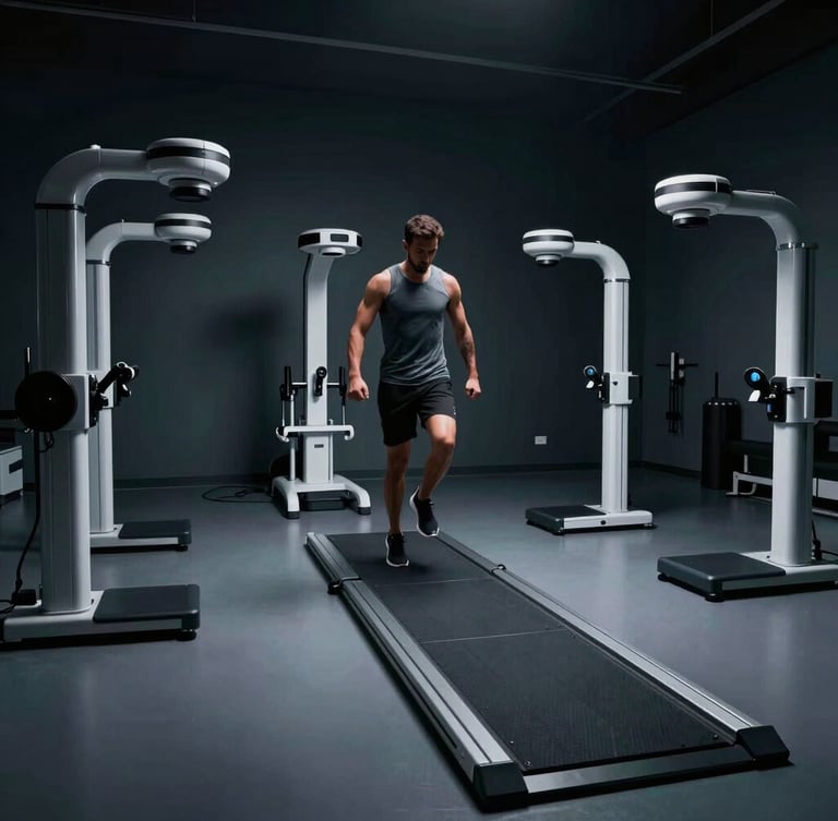 Wide shot of a high-tech physiotherapy lab, force plates on the floor, motion capture cameras mounted, athlete performing a movement, dramatic lighting, cool teal accents, 35mm