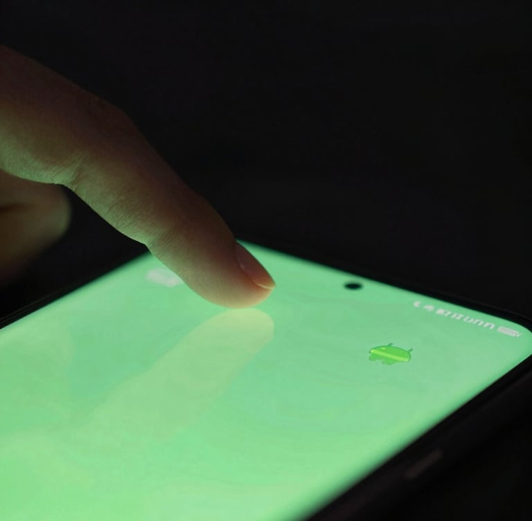 Macro close-up of a hand interacting with a clean, dark-mode Android interface, vibrant neon green accents, soft screen glow, moody low-key lighting.