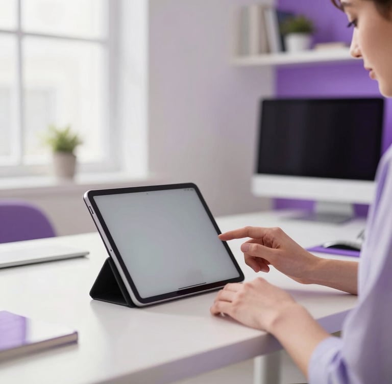 A creative entrepreneur in a bright home studio working on a tablet, modern workspace setting, soft purple highlights, natural daylight