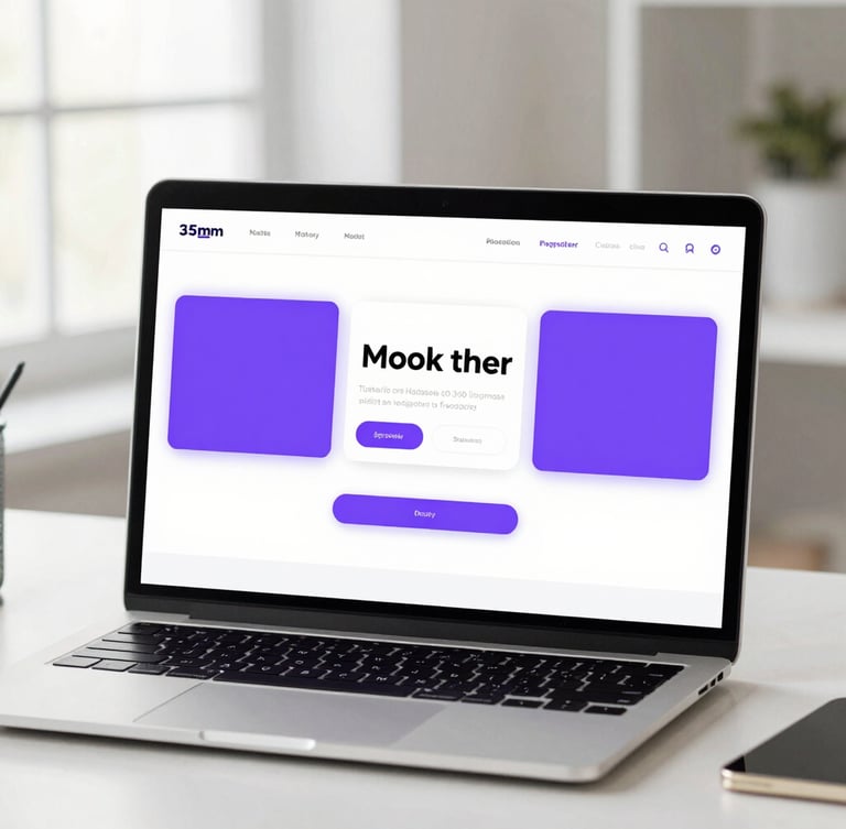 Clean minimalist mockup of an AI website builder interface on a laptop screen, vibrant purple accents, bright natural daylight, soft workspace setting, professional 35mm
