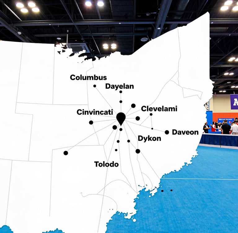 Stylized map of Ohio highlighting major cities like Columbus, Cleveland, Cincinnati, Dayton, Akron, Toledo, with subtle lines extending to neighboring states, bright and clean design, high-energy atmosphere.