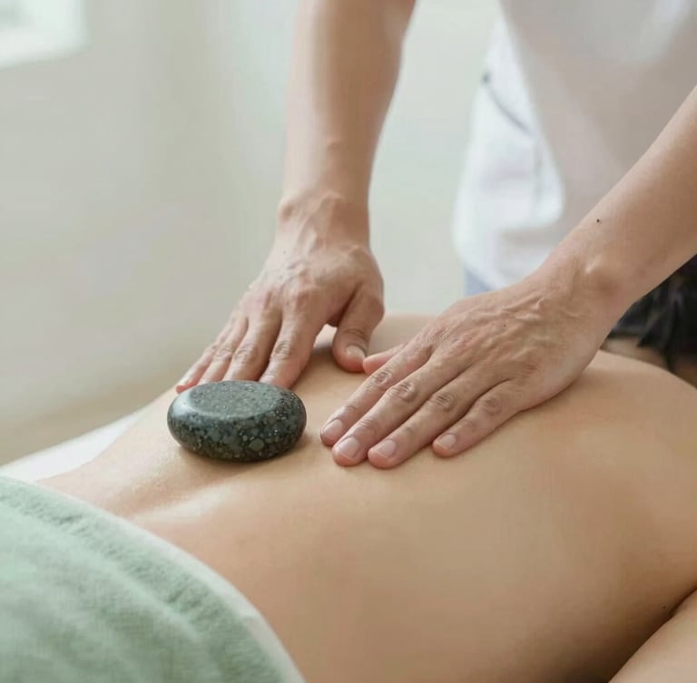 Close-up of professional therapist hands performing precise massage technique on a back, warm basalt stones nearby, soft natural light, shallow depth of field