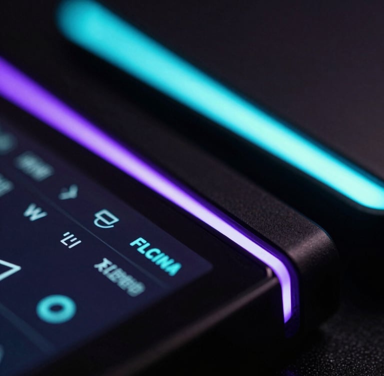 Macro close-up of sleek hardware with violet and cyan ambient glows, shallow depth of field, high contrast