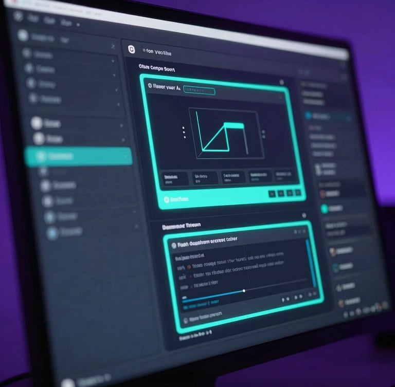 Macro photography of a sleek dark-mode software interface glowing on a high-end monitor, neon-cyan and violet ambient light refraction, shallow depth of field, premium tech aesthetic