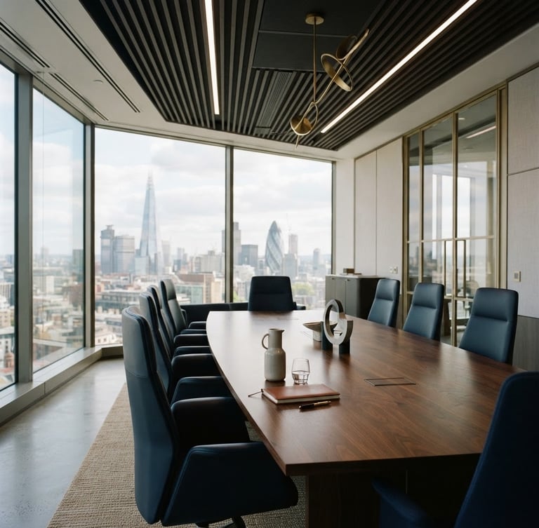 Elegant modern corporate office interior with architectural lines, soft natural daylight casting subtle warm highlights on a dark wood table, 35mm photography