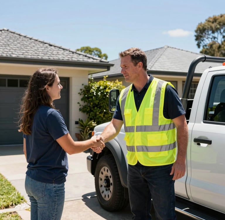 A tow truck driver in a high-vis vest shaking hands with a car owner in a suburban Melbourne driveway, bright natural daylight, authentic suburban setting.