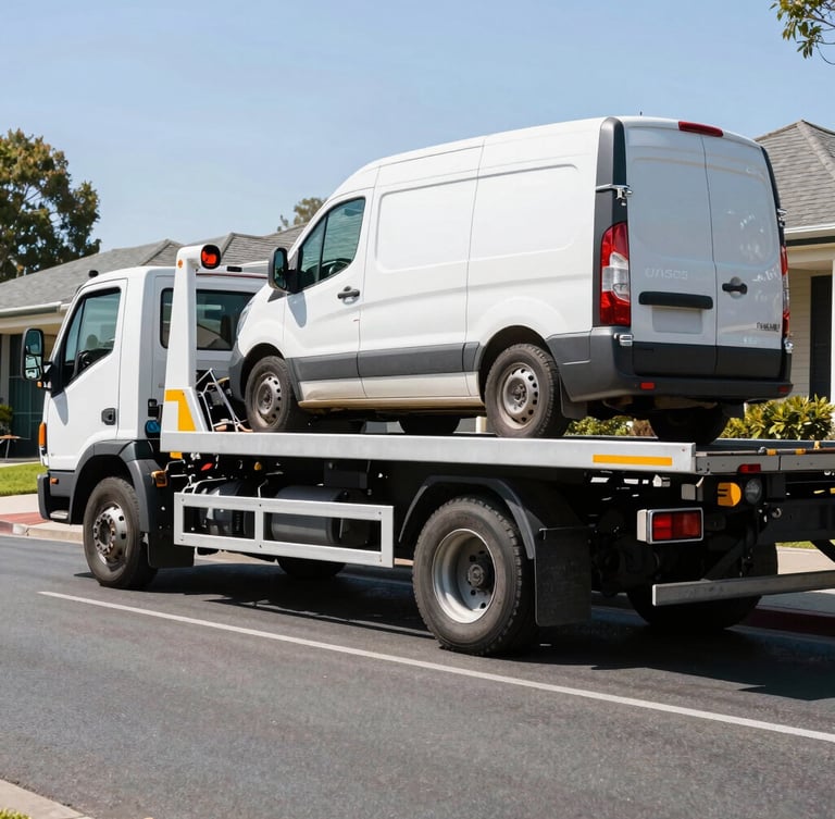 Heavy-duty tow truck on a suburban Melbourne street, bright daylight, authentic setting, with a large commercial van on its flatbed