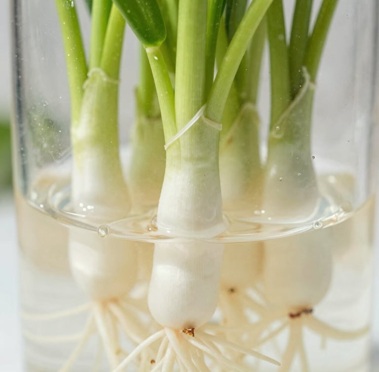 Macro shot of healthy white plant roots suspended in clean water, bright natural daylight, vibrant green stems above, shallow depth of field