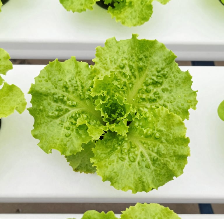 Top-down view of vibrant green lettuce leaves growing in a clean, white home hydroponic system, bright indoor daylight