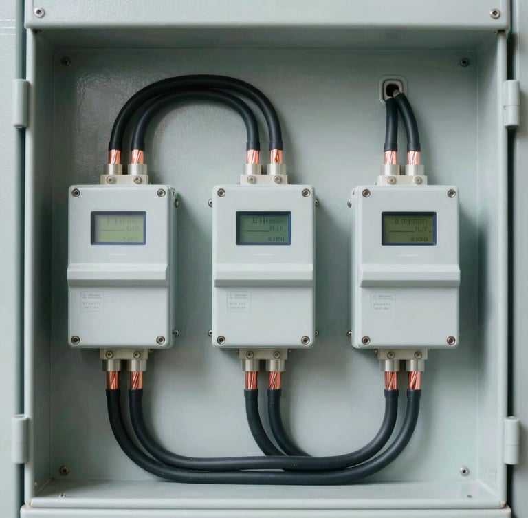 Close-up portrait shot of a commercial three-phase distribution board, neatly organized conduits and thick copper cables, bright crisp work light, technical precision.