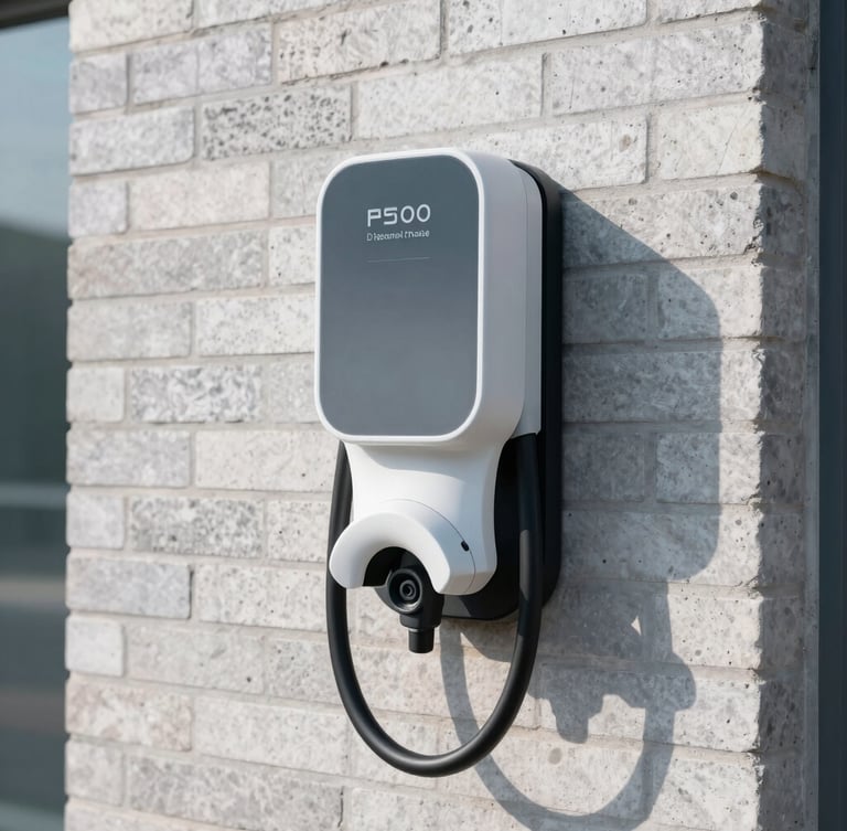 A clean EV charger mounted on a modern brick wall, crisp high-contrast daylight, sharp technical detail, realistic cool-toned color grading