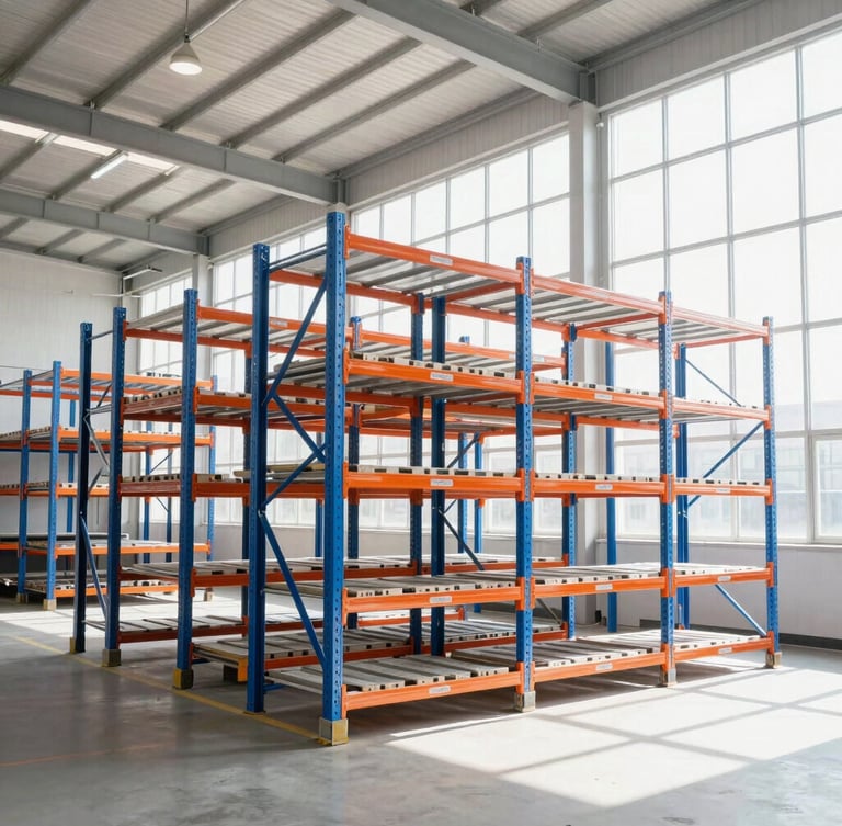 Bright high-key commercial photography of a modern warehouse interior, clean storage racks with blue and orange safety markings, natural daylight streaming through high windows, crisp details, 24mm.