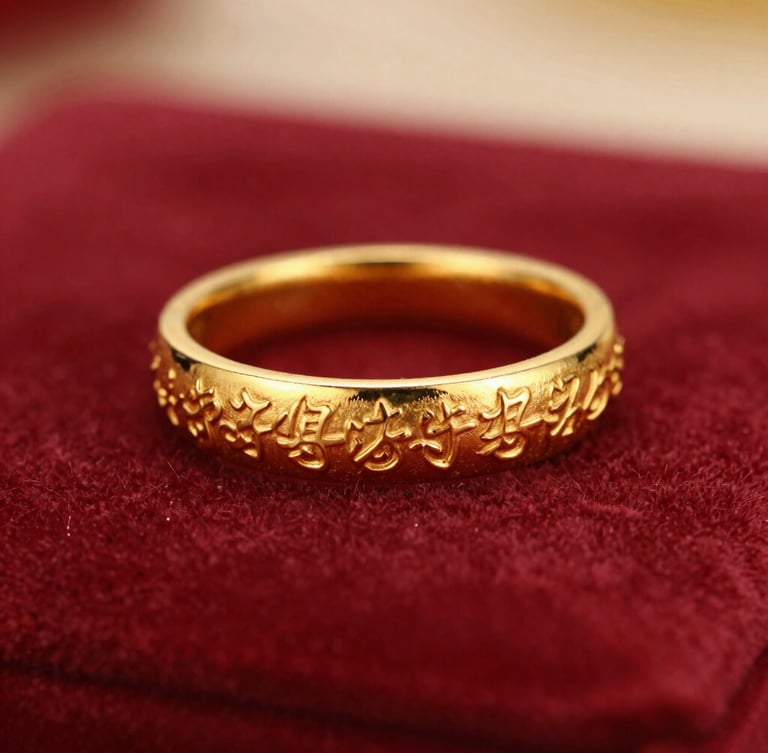 Macro photograph of warm, hand-engraved gold jewelry resting on deep crimson velvet, soft side-lighting highlighting the intricate metallic luster, shallow depth of field