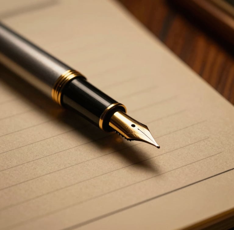 Macro close-up of a classic fountain pen resting on heavy textured legal paper, low-key dramatic side-lighting, warm gold tones