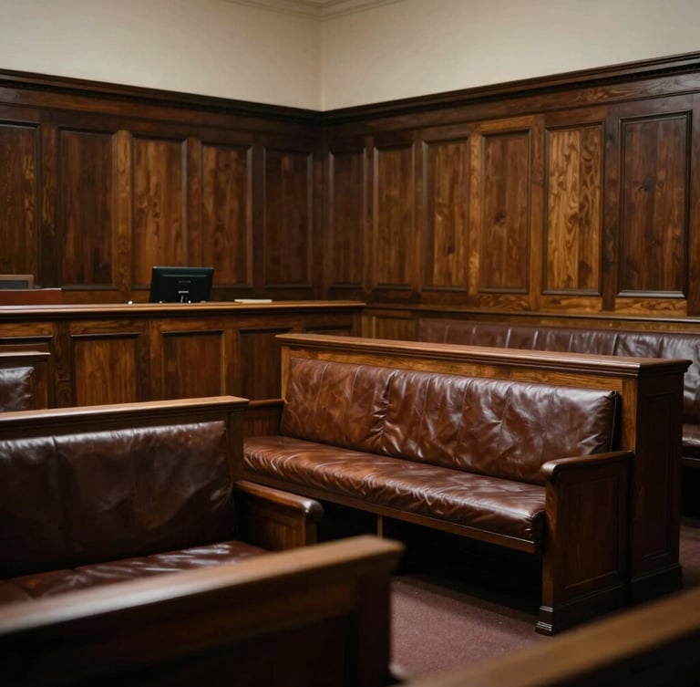 Wide architectural shot of a historic courtroom interior, low-key dramatic side-lighting, rich wood tones, classic leather-bound benches, 35mm