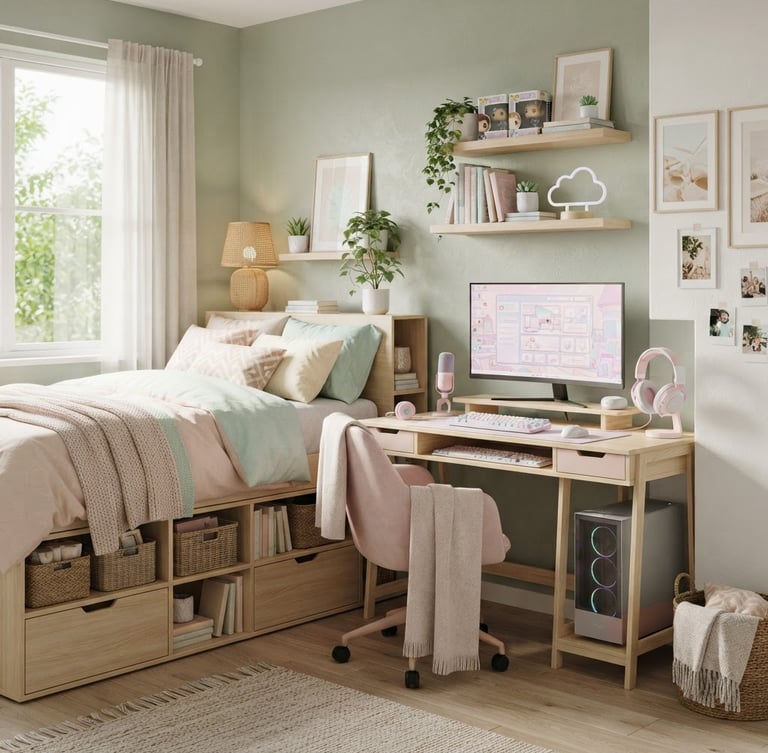 Styled teen bedroom corner featuring a pastel wood gaming desk setup, a full bed with integrated storage, and floating wall shelves. Soft morning daylight, clean composition, 35mm lens, image bleeding to the right edge.