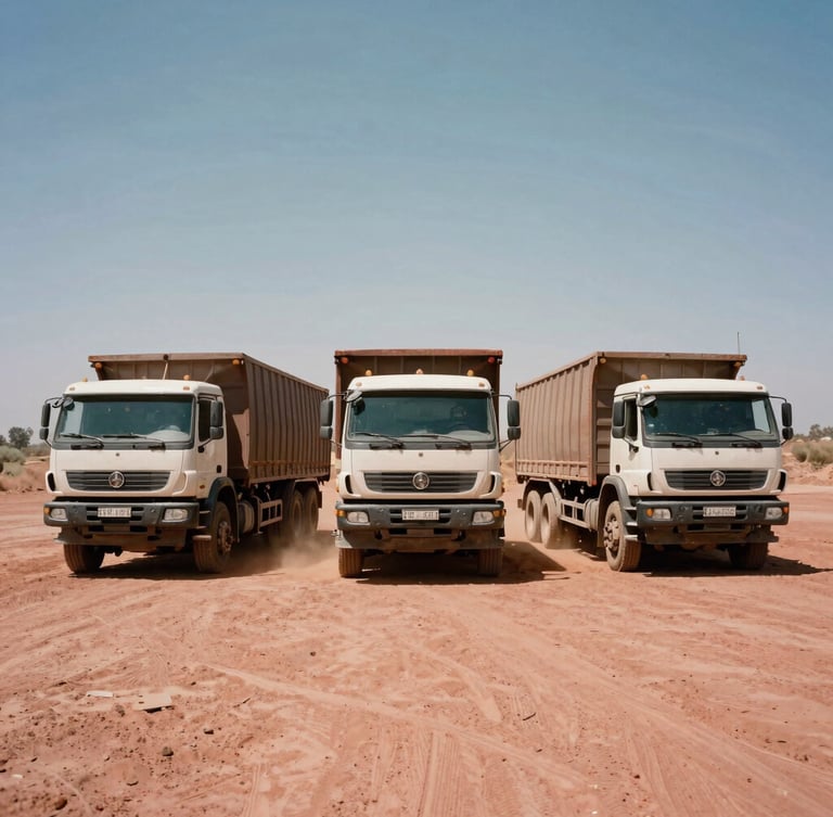 Low-angle wide shot of three heavy-duty logistics trucks parked in a circular formation at a dusty South African mining site, harsh midday sun, red dust, no license plates visible, documentary style 35mm photography.