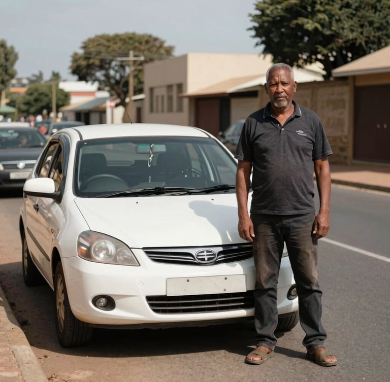 A real, unposed documentary portrait of a professional South African driver standing proudly next to a clean, white compact hatchback with no visible license plate, parked on a street in Kempton Park, harsh midday sun, 35mm lens