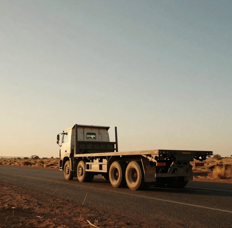 Wide environmental shot of a heavy-duty flatbed truck driving on a long, open South African highway under warm golden-hour light, expansive sky, low horizon, no license plate visible, gritty documentary style.