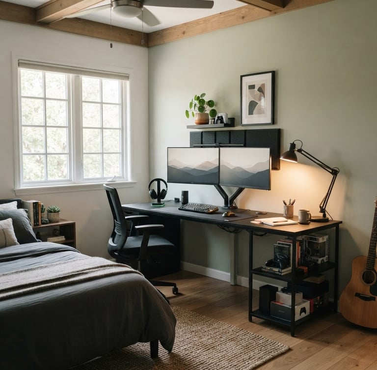 Modern teen bedroom, organized, with a gaming desk setup visible, soft natural window light, subtle warm desk lamp glow, matte black hardware accents.