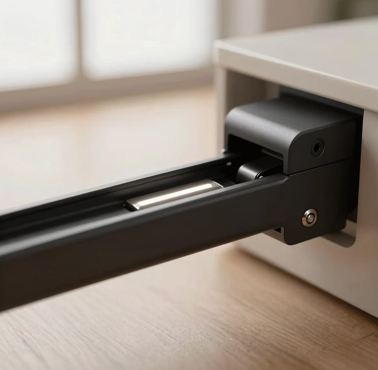Close-up macro shot of a matte black steel drawer glide mechanism, showing precise engineering and integrated soft-close features, under subtle LED light, clean, industrial-modern aesthetic.