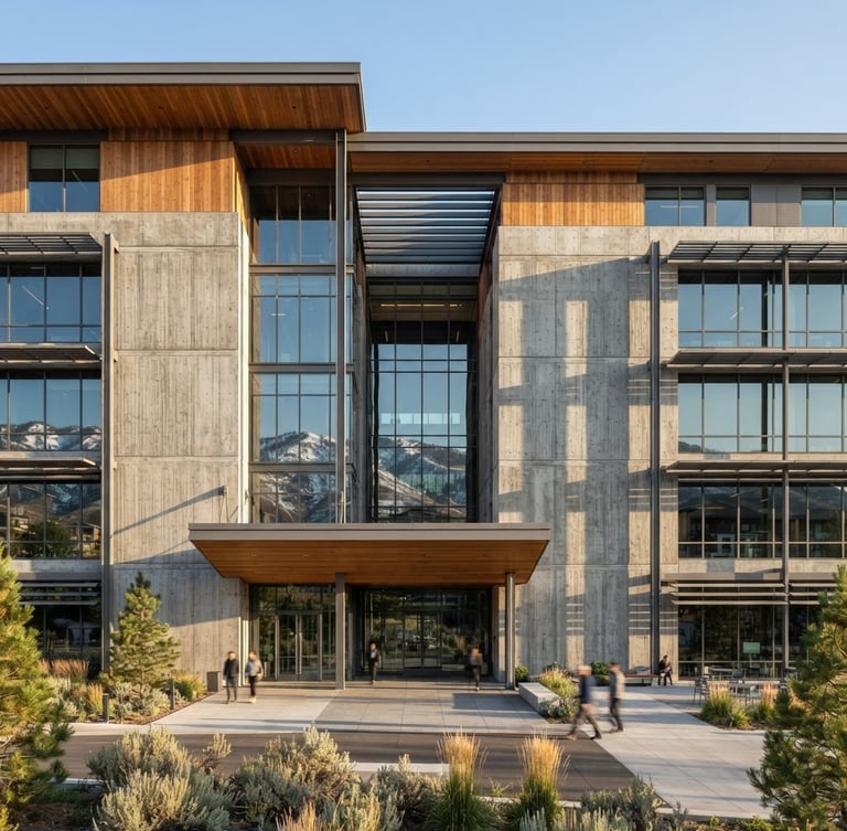 Wide-angle architectural photograph of a modern concrete and steel office facade in the Intermountain West, captured in crisp morning daylight with sharp, long shadows.