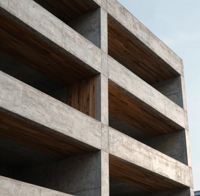 Close-up of modern architectural materials, concrete and steel structure with warm wood accents, early morning natural light, wide-angle lens
