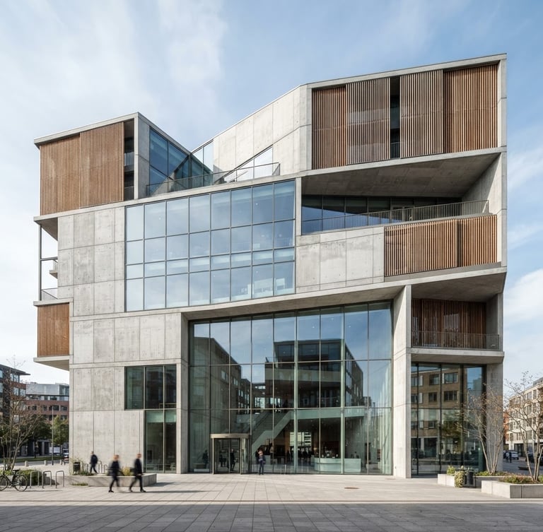 Crisp architectural photography of a modern concrete and glass building facade, sharp natural daylight, desaturated cool tones with warm wood accents, wide-angle lens