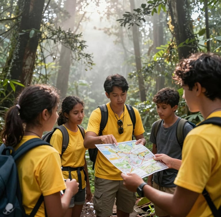 Candid medium shot of a local guide showing a trail map to young travelers, misty rainforest background with sunlight filtering through the canopy, high contrast.