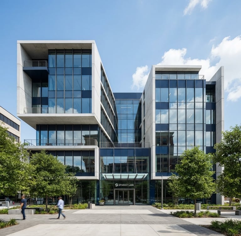 Crisp architectural photography of a modern concrete and glass tech headquarters, bright natural daylight, clean white and deep blue tones, sharp focus, 35mm lens