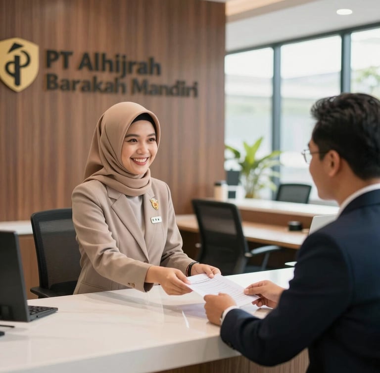 Warm editorial photography of the professional office reception of PT Alhijrah Barakah Mandiri in Bekasi, featuring friendly staff in corporate attire assisting a client, bright daylight, 35mm lens.