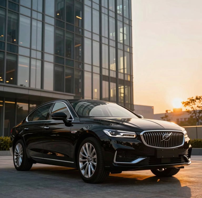 Low-angle heroic portrait of a pristine black executive sedan parked in front of a modern glass skyscraper at golden hour, warm amber sunset reflecting off the polished chrome hood and deep metallic paint, sharp focus, professional composition.