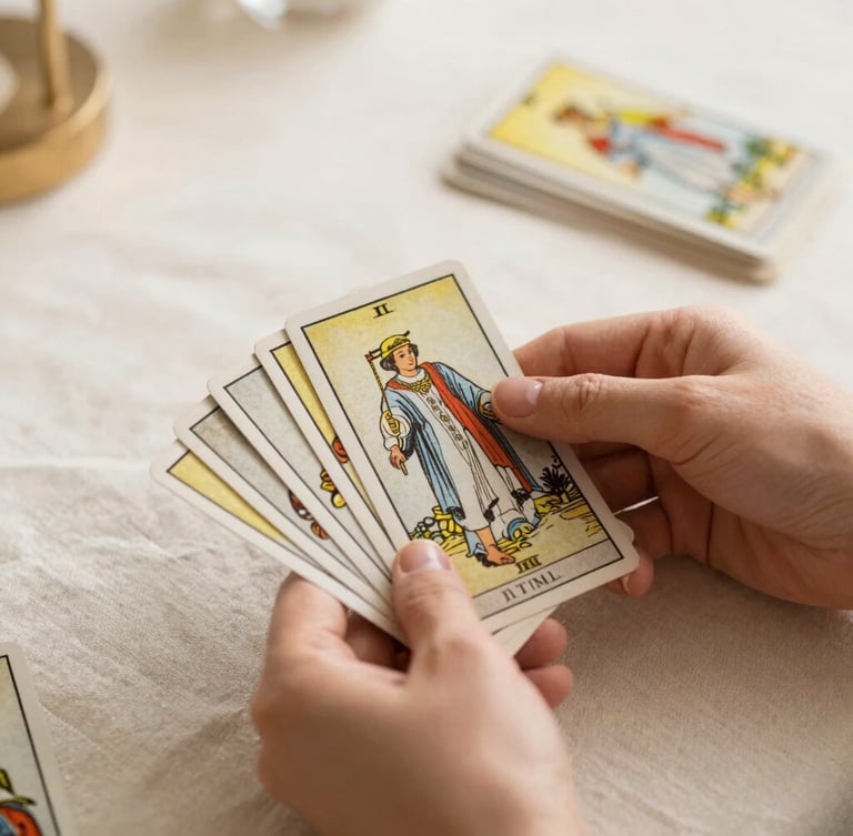 A close-up of hands holding elegant, high-quality Tarot cards over a clean linen table, warm natural daylight, soft shadows, shallow depth of field.