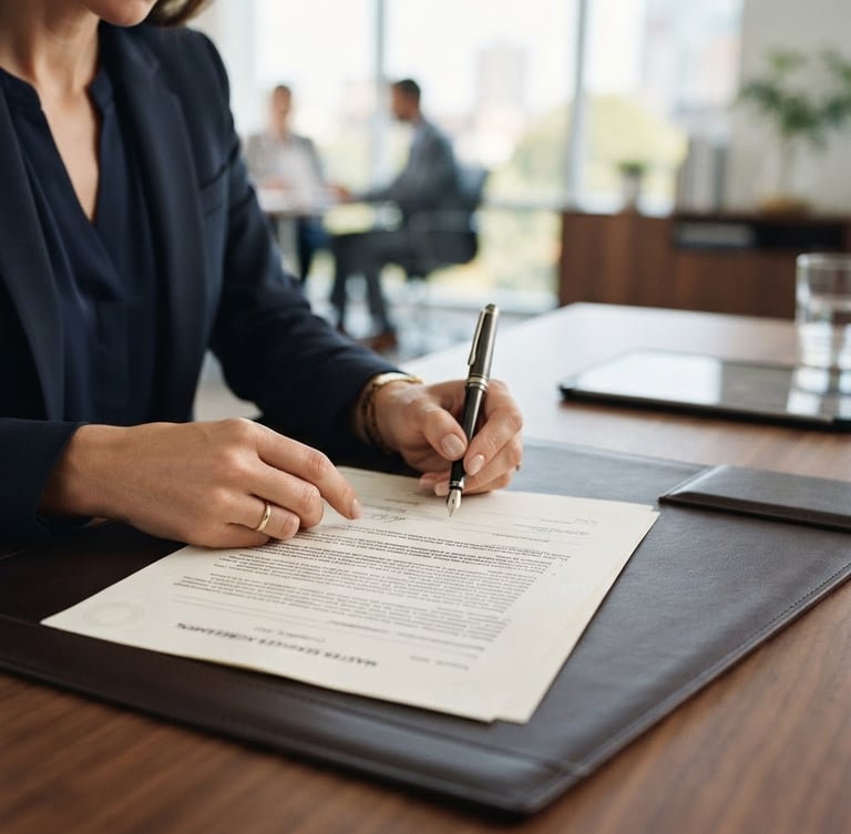 Close-up of professional business hands signing a secure financial agreement on a clean wooden desk, bright natural office light, shallow depth of field, 35mm