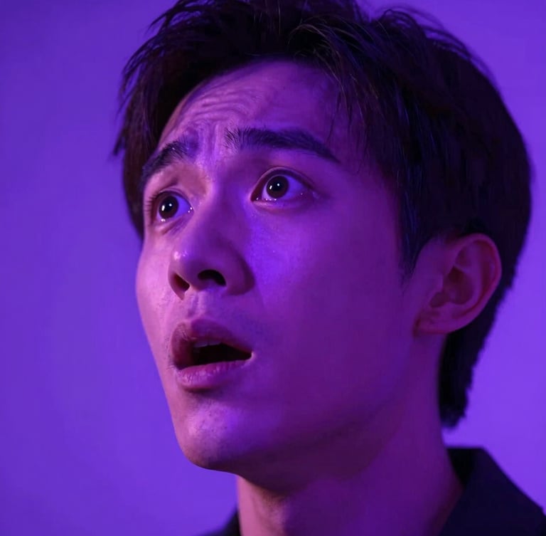 Dramatic vertical close-up of an expressive actor looking back in shock, high-contrast neon purple backlighting, shallow depth of field