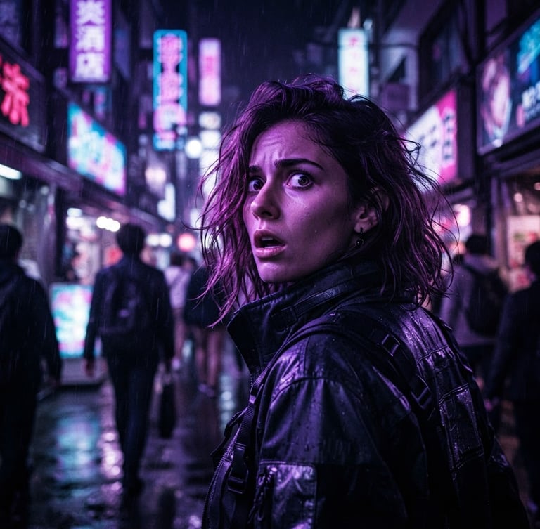 Vertical 9:16 crop, dramatic film photography of a woman looking back in shock, cyberpunk neon purple backlighting, intense emotional expression, shallow depth of field.