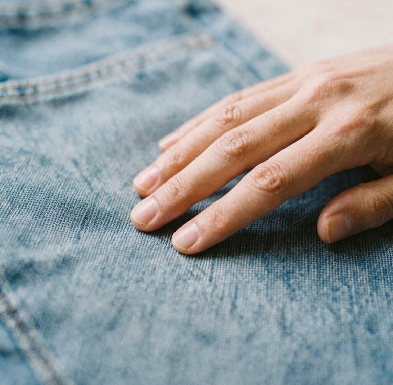 Close-up of a hand gently touching the texture of a high-quality denim fabric, showing intricate weave and subtle natural light, shallow depth of field, 35mm