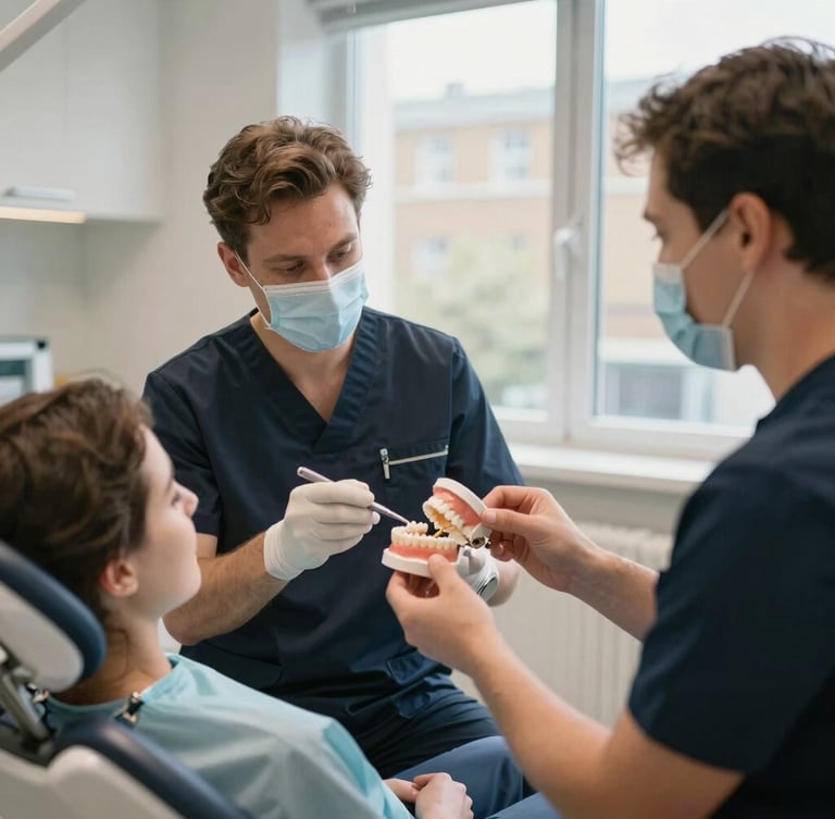 A bright, soft-lit modern London consultation room, a professional dentist in dark scrubs explaining a physical dental model to a patient, warm natural light, medium shot.