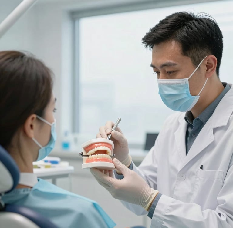 A professional dentist in a bright modern UK clinic showing a physical dental model to an attentive patient, soft natural window light, clinical-editorial style.