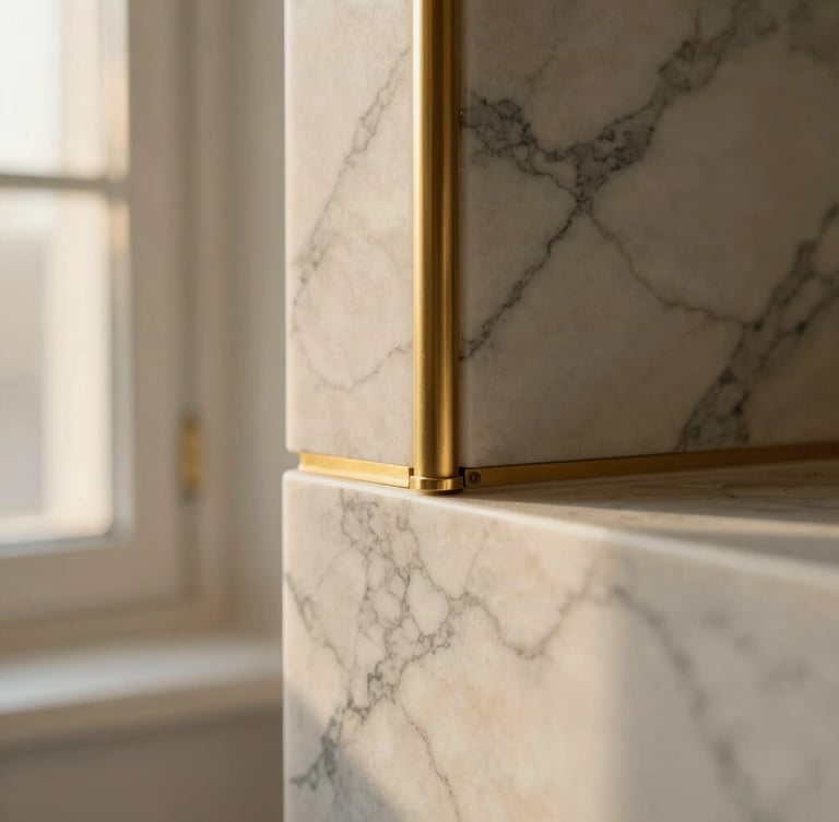 A close-up of a bespoke material joint, white Calacatta marble meeting brushed gold brass with absolute precision, soft natural light