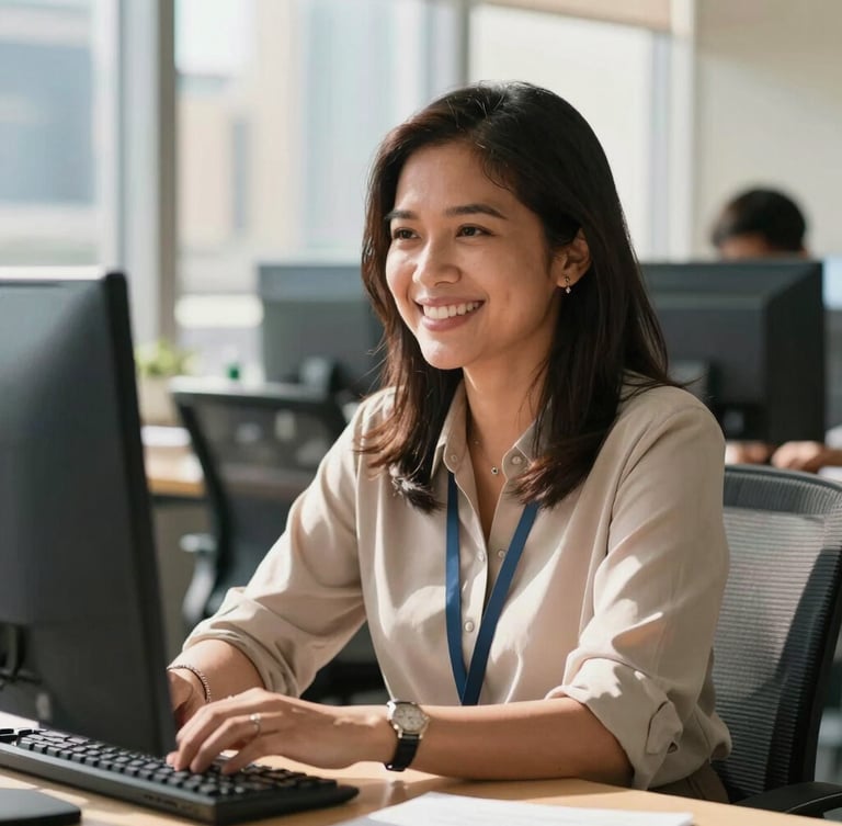 Candid medium shot of a Filipino professional smiling in a sunlit Dubai workspace, warm natural daylight, 35mm lens