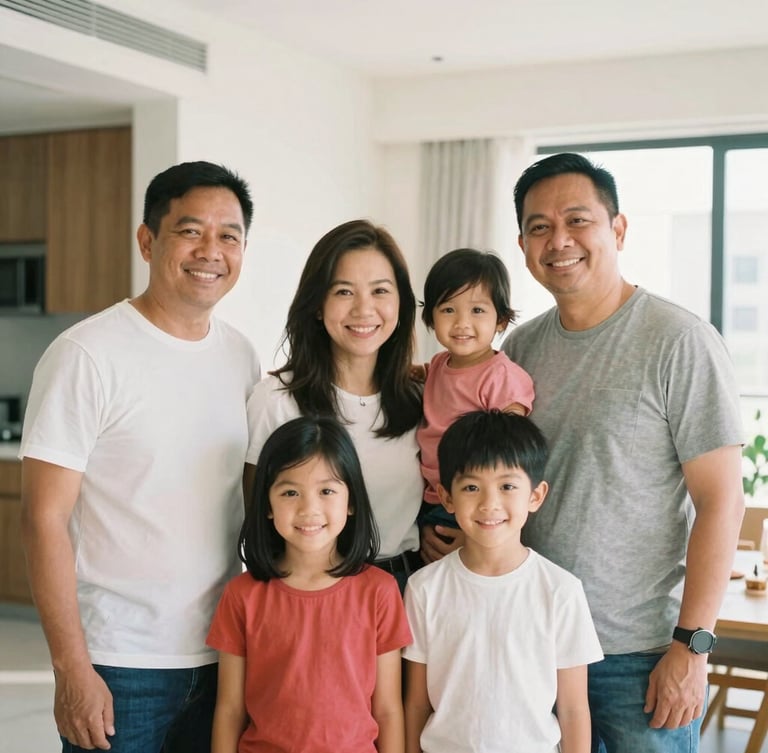 Candid medium portrait of a Filipino family smiling in their warm modern Dubai apartment, bright natural daylight, authentic 35mm photography